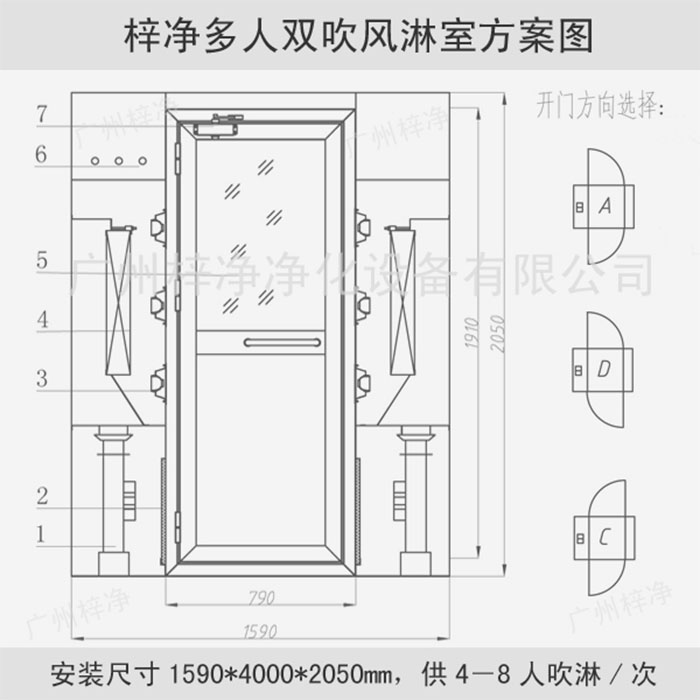 多人雙吹風淋室方案圖正視圖